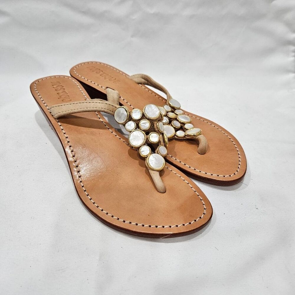 Mystique Sandals Mother of Pearl Jeweled Leather Wedge Thong Sandals Size 8